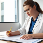 A social worker thoughtfully reviewing an ethics code document in a bright, organized office, symbolizing careful decision-making.