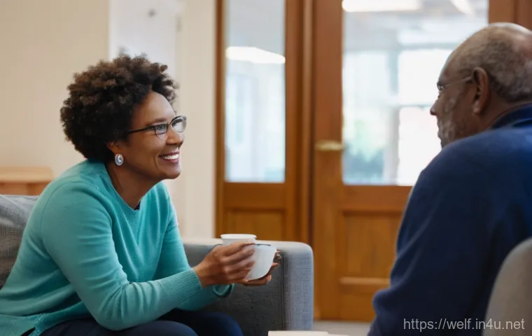 사회복지사와 협력적 의사결정 사례 - A compassionate female social worker, professionally dressed in smart business casual attire, gently...